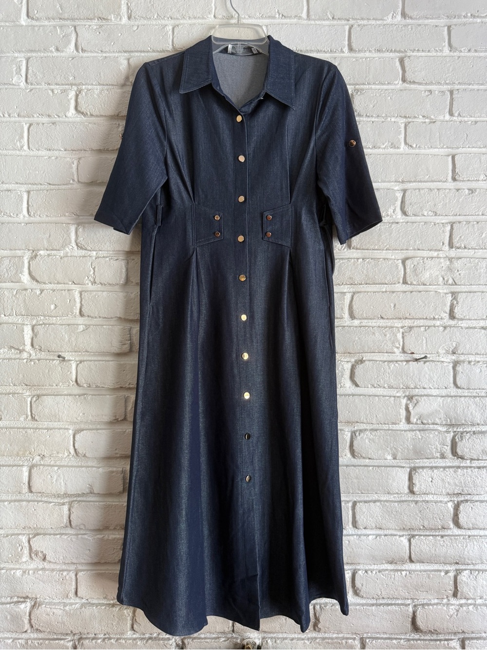 Navy Button-Front Midi Shirt Dress
